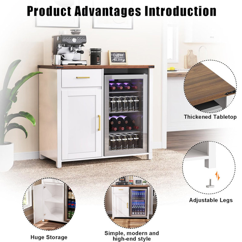 Coffee Bar with Mini Fridge Space, Mini Fridge Cabinet Stand，Liquor Wine Cabinet for Dorm, Kitchen or Office, 39.4" W X 20.9" D Tabletop，White