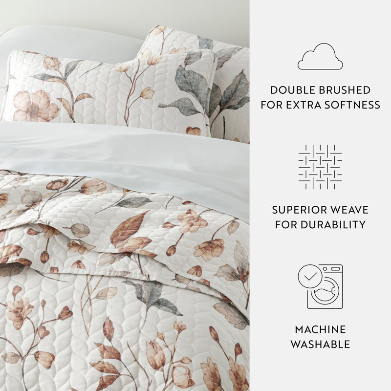 Twin Reversible Floral Microfiber Quilt Set in Beige and Gray