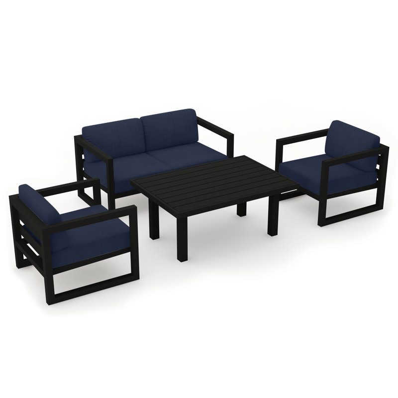 Avion 4 Piece Sofa Seating Group with Sunbrella Cushions, Spectrum Indigo Sunbrella®, 25" H x 54" W x 25.5" D, Black