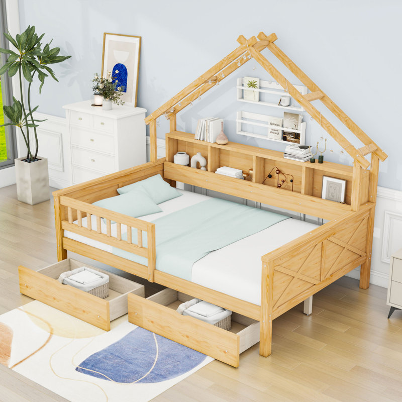 Lits plateforme doubles en bois avec DEL, tablettes et tiroirs, Naturel