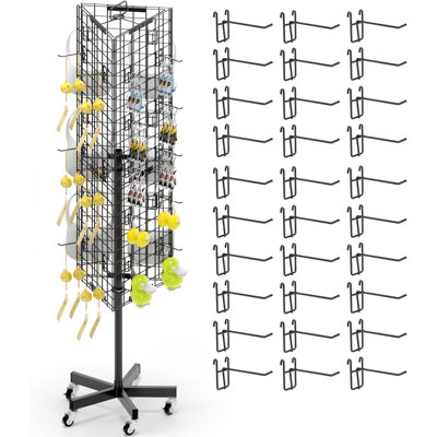 Grid Wall Panels Display Stand - 16”*63.3” Triangular Display Racks with 30 Hooks for Vendor Events , 360° Rotating Art Display Panels Heavy Duty Floor Standing Movable Retail Display Organization
