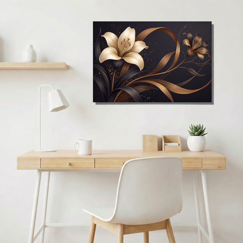 Art mural lys crème et bronze avec feuilles métalliques sur toile foncée, 12"H x 18"W