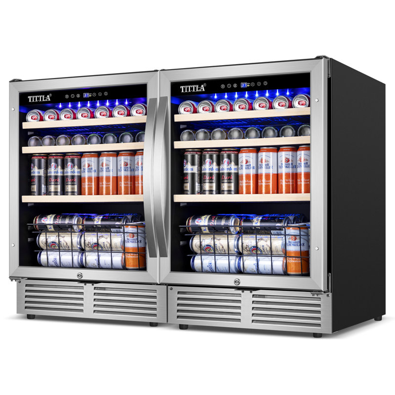 48" Beverage Refrigerator 360 Can Dual Zone Built-in Split Beer Cooler with Four Handles