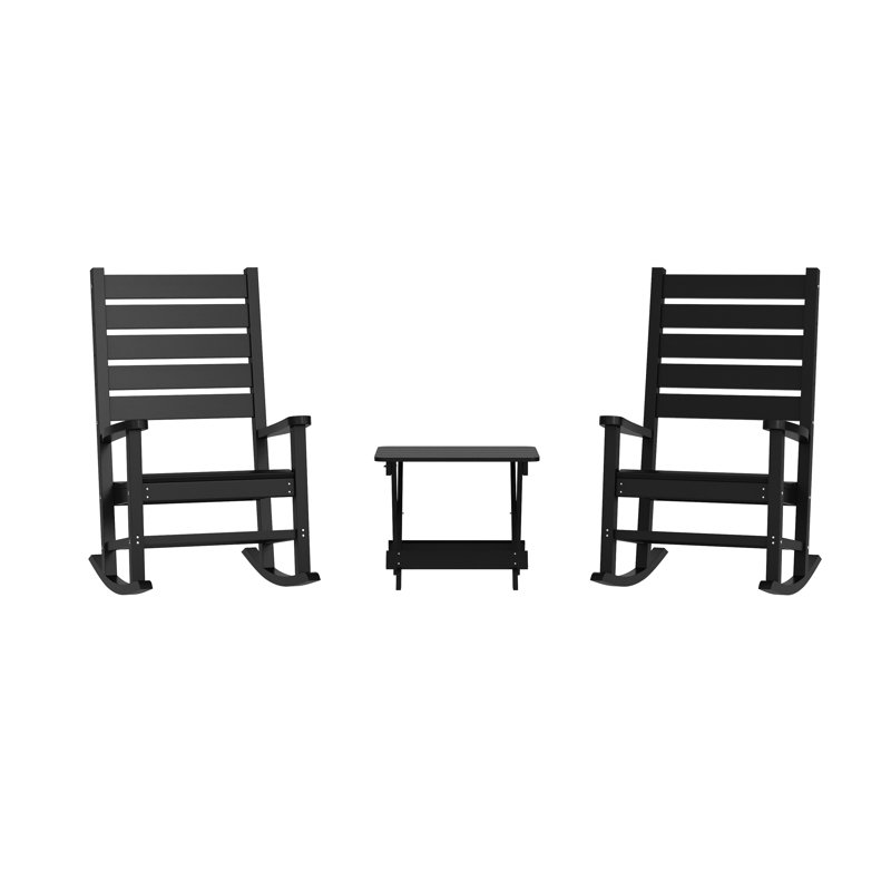 Ensemble commercial d'intérieur et d'extérieur 3 pièces Merlene avec 2 chaises berçantes et une table de bout, Noir