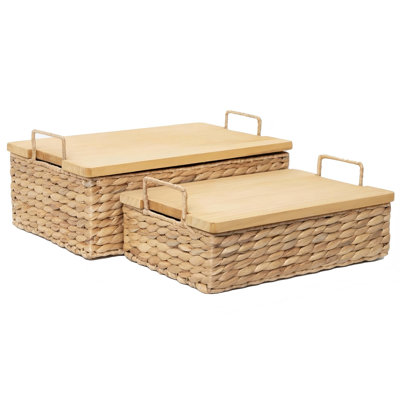 Paniers de rangement en osier avec couvercle en bois Water Hyacinth