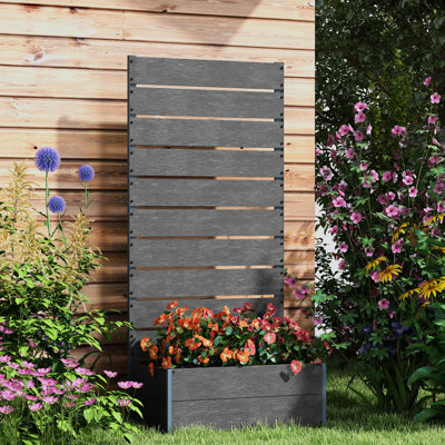 Jardinière autoportante grise avec treillis pour plantes grimpantes sur le pont, drainage surélevé, 29,01 po x 15 po, 59 po, bois texturé - matériau plastique, 9 gallons d'espace de plantation, jardinière d'une capacité de 165 lb