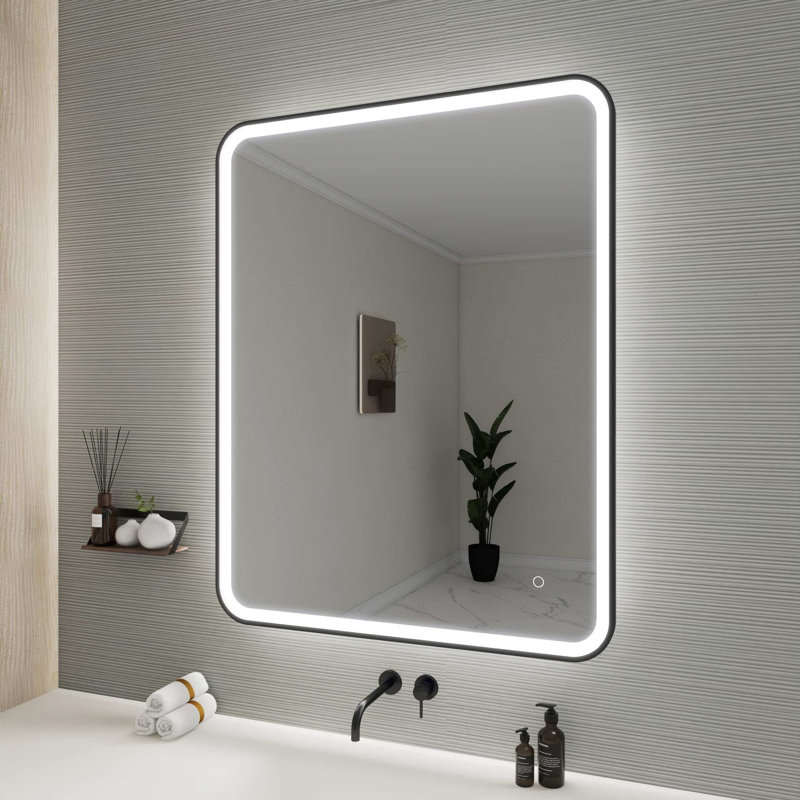 42 Round LED Front and Backlit Wall Mirror in Black, Black, 42" x 33"