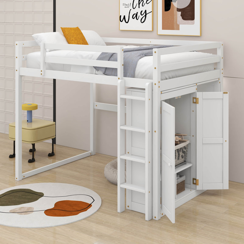 Lit mezzanine double avec tablettes et lumière DEL, Blanc