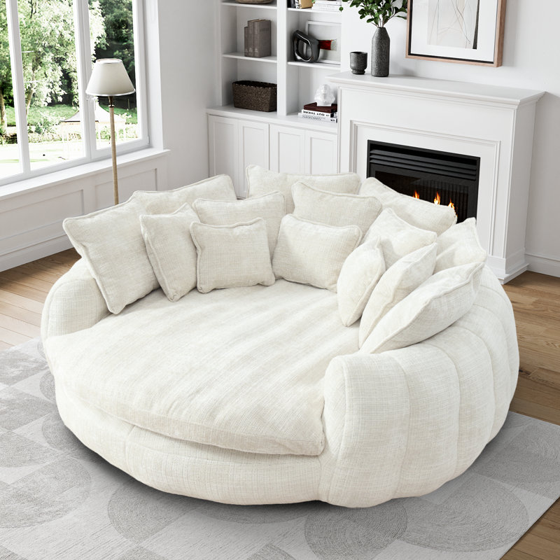 Oversized Compression Bean Bag Sofa - Large Round Loveseat With Pillows, Beige Chenille