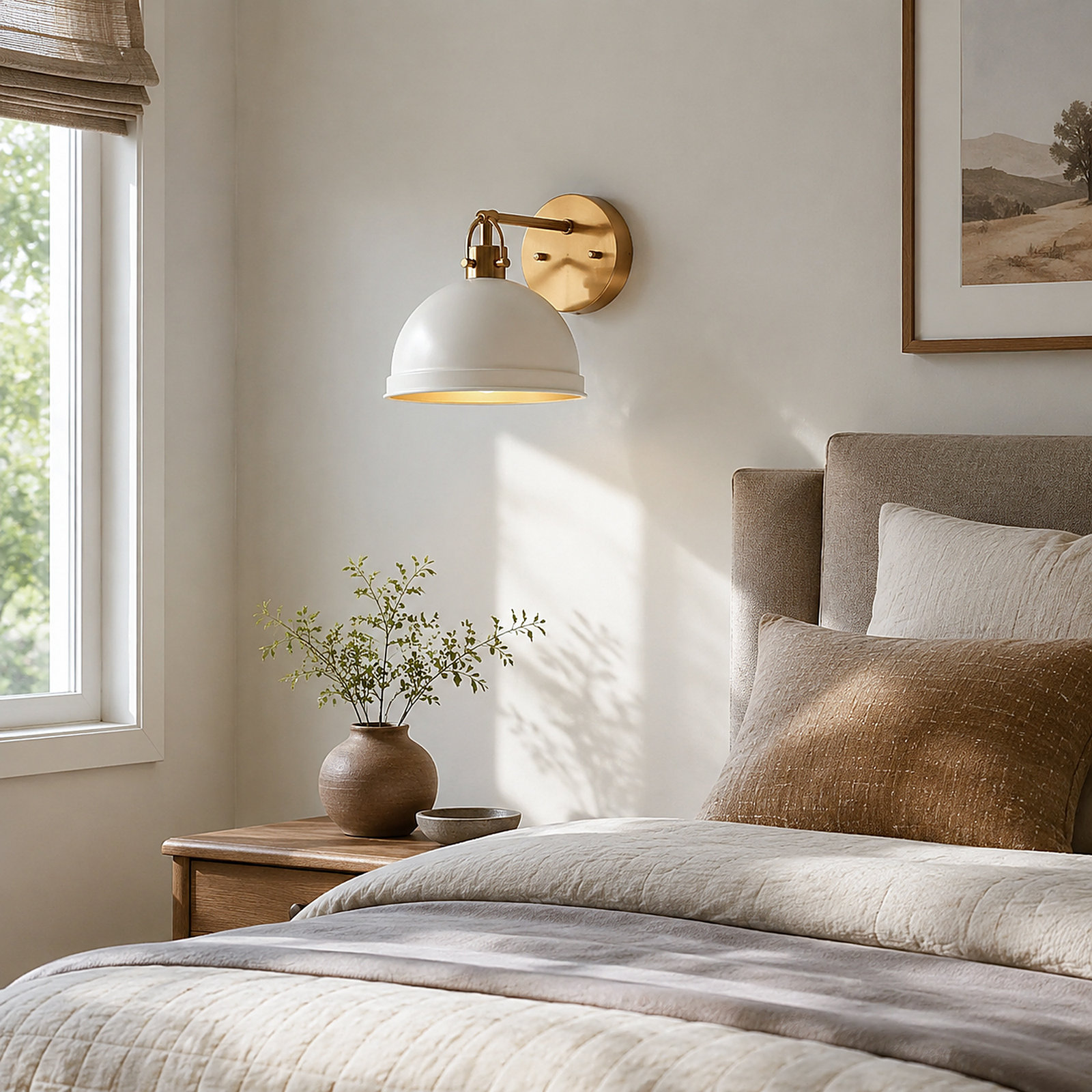 Single Light Steel Dimmable Armed Sconce, White