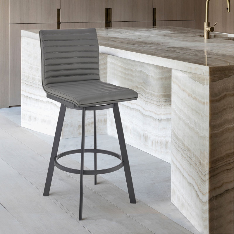 Tabouret de bar rotatif 26 po à hauteur de comptoir au fini noir mat avec similicuir gris