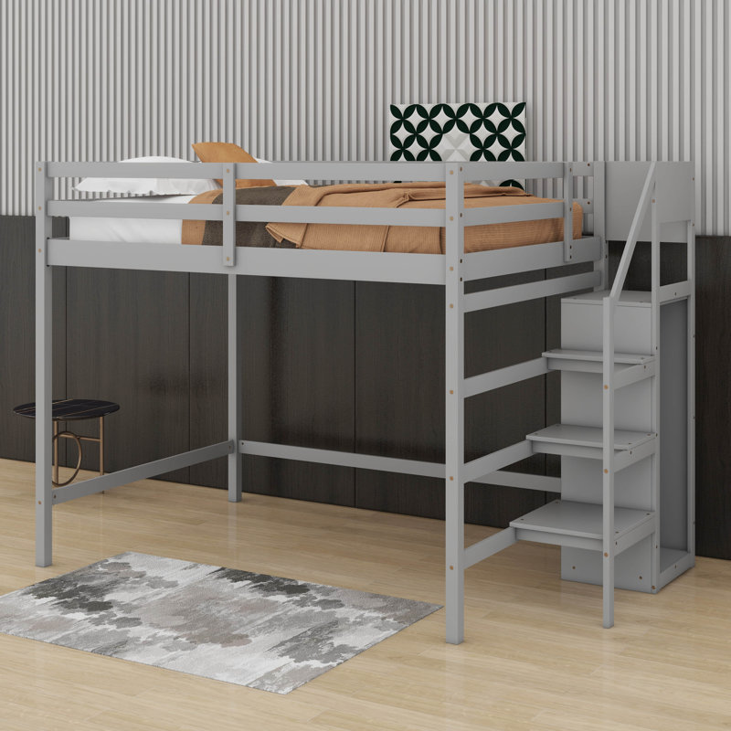 Lit mezzanine double avec garde-robe et escalier, gris