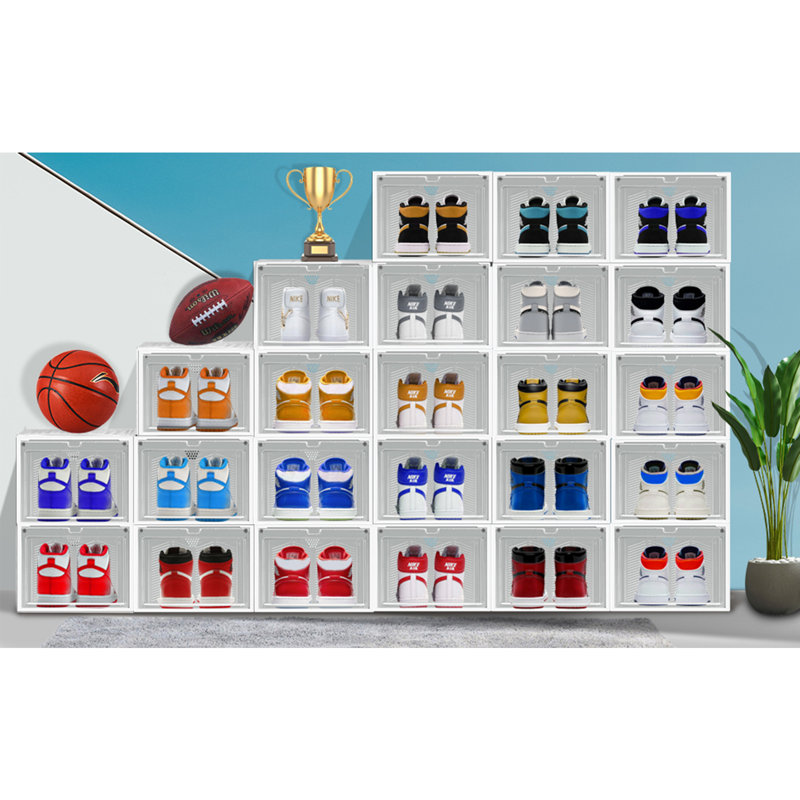 6 Pack Stackable Large Shoe Containers Shoe Storage Box with Hard Plastic Drop Front for Sneakers, White