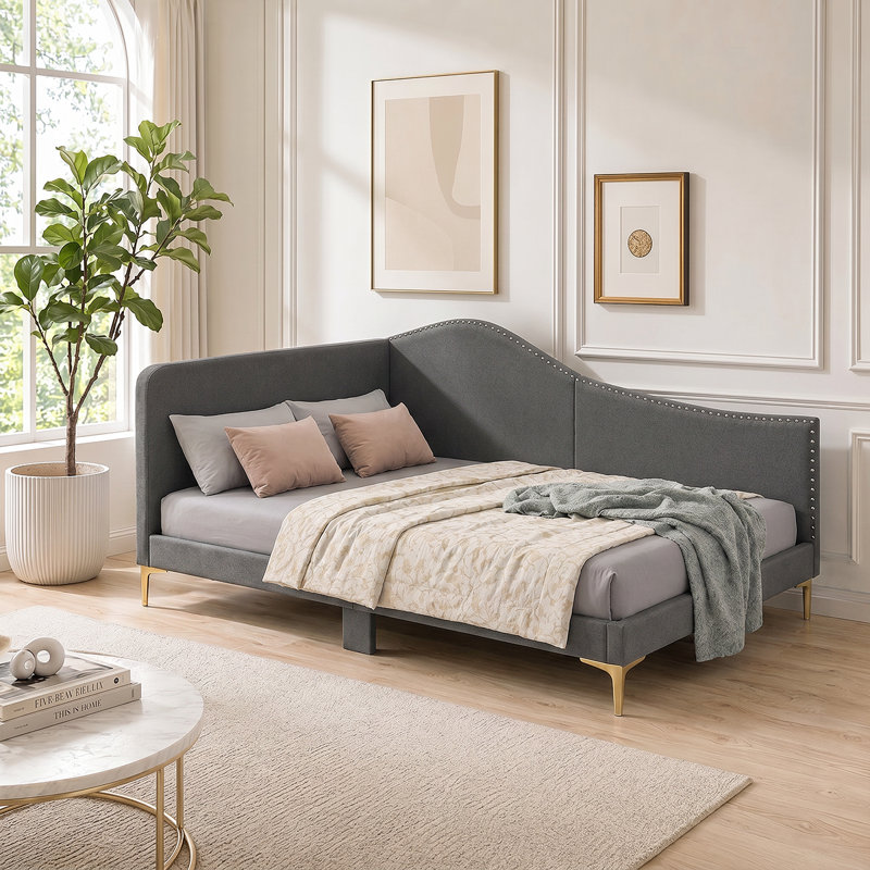 Lit de jour en lin durable avec tête de lit et caractéristiques de conception moderne | Conception confortable du dossier et des accoudoirs