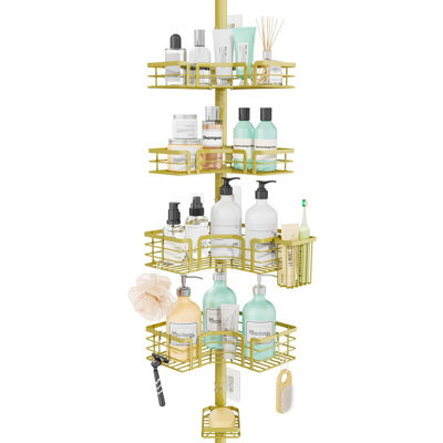 Shower Caddy Tension Pole,4-Tier Corner Shower Organizer Tension Rod with Soap Holder, Toothbrush Holder & 4 Hooks,(Gold)
