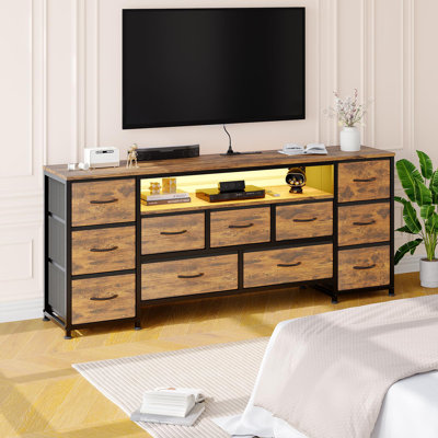 63" TV Stand Dresser with 11 Drawers, Power Outlets & LED Lights for TVs up to 70", Media Console