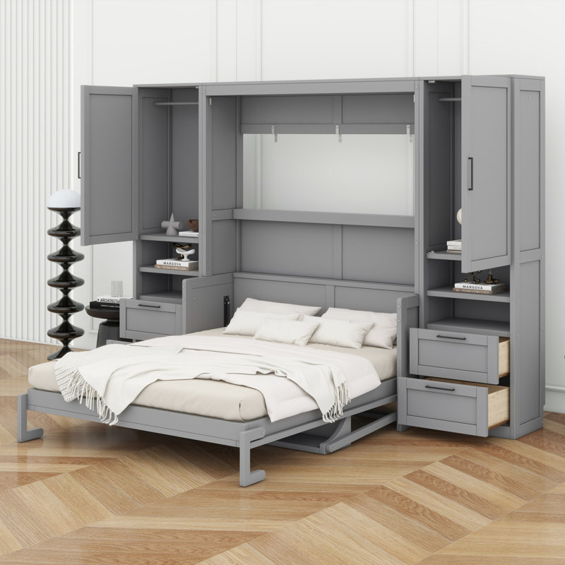 Murphy Wall Bed Combo with Closet Storage Drawers and Shelves, Gray, Queen