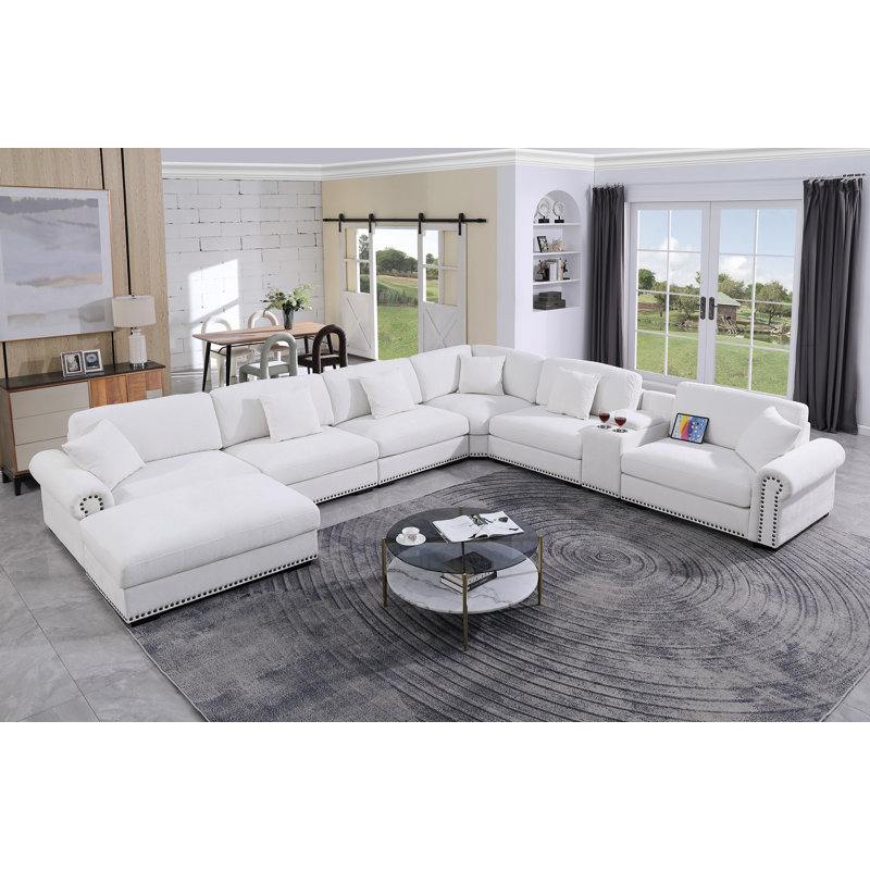 Stimpson 7-Seater Modular Sectional with Cup Holders, White Chenille