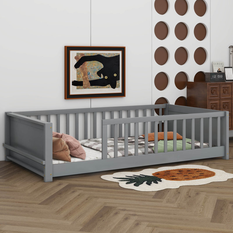 Newton Twin Size Floor Platform Bed With Built-In Book Storage Rack, Gray