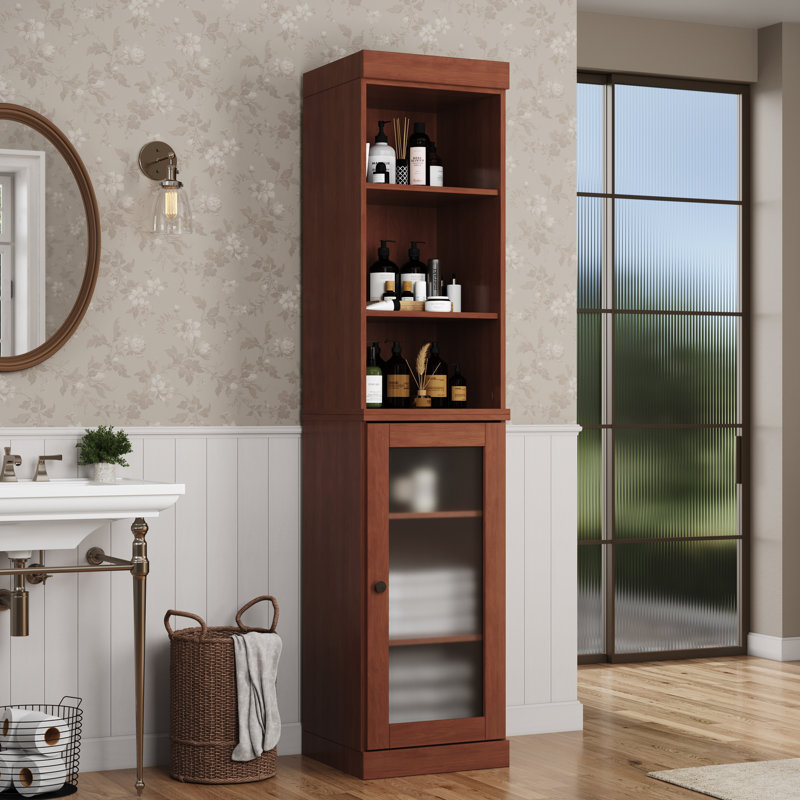 100% Solid Wood 16.5" Bathroom Storage Cabinet with Frosted Glass Doors and Adjustable Shelves, Mocha