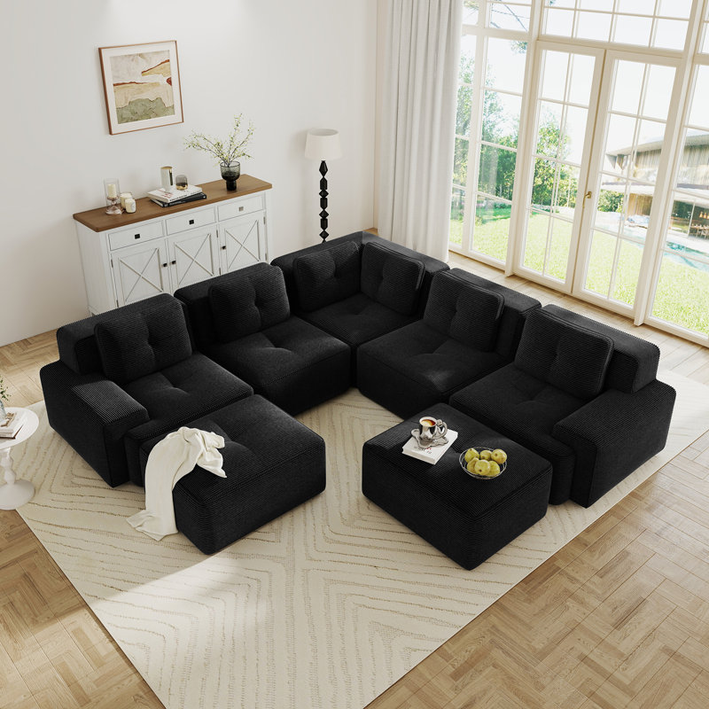 Canapé modulaire en velours côtelé 7 pièces avec repose-pieds mobile Dravon, Velours côtelé noir