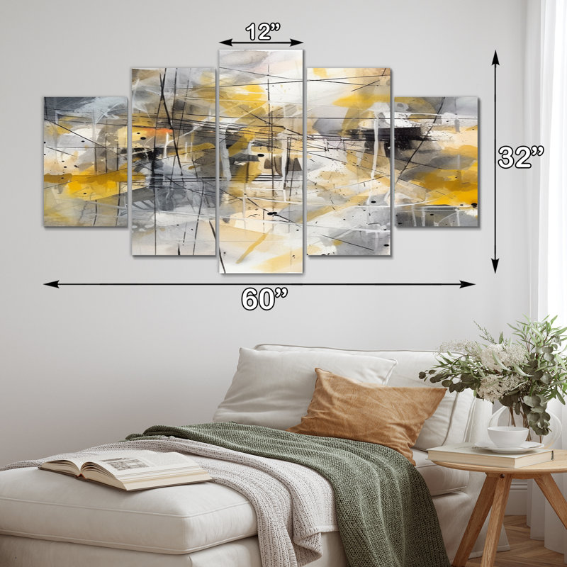 Jaune et gris au-delà de la toile I - reproduction sur toile abstraite - 5 panneaux