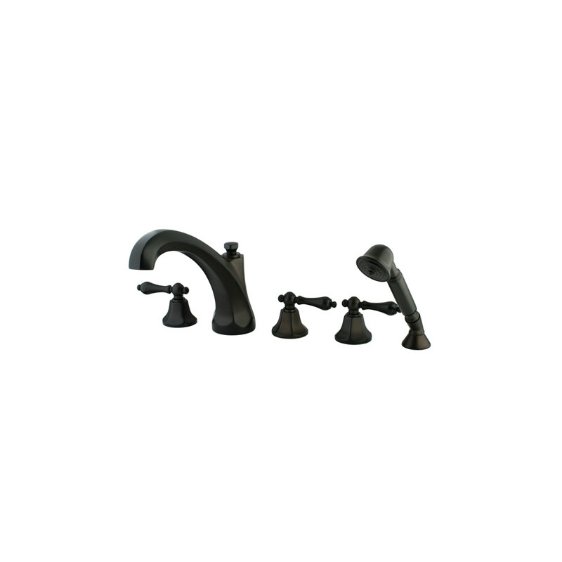 Universal Triple Handle Deck Mounted Roman Tub Faucet with Handshower, Oil Rubbed Bronze