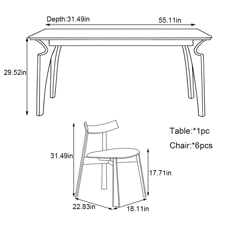 Rectangular rock slab solid wood table set, 29.52"H x 55.11"L x 31.49"W