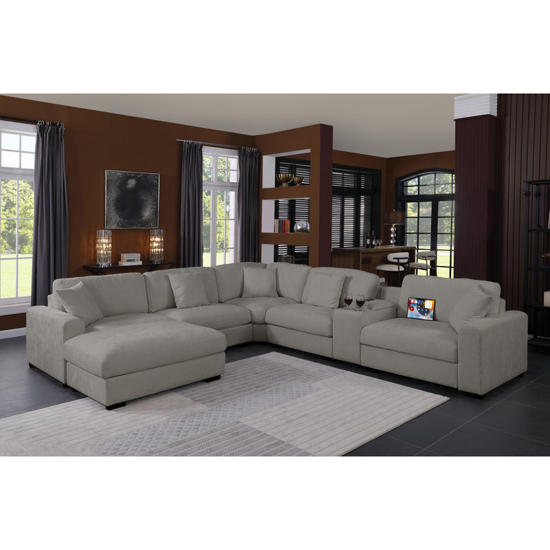 Modern Upholstered Cloud Modular Corner Sectional Sofa With Consoles, Light Gray Chenille, 36" H x 137.5" W x 124" D