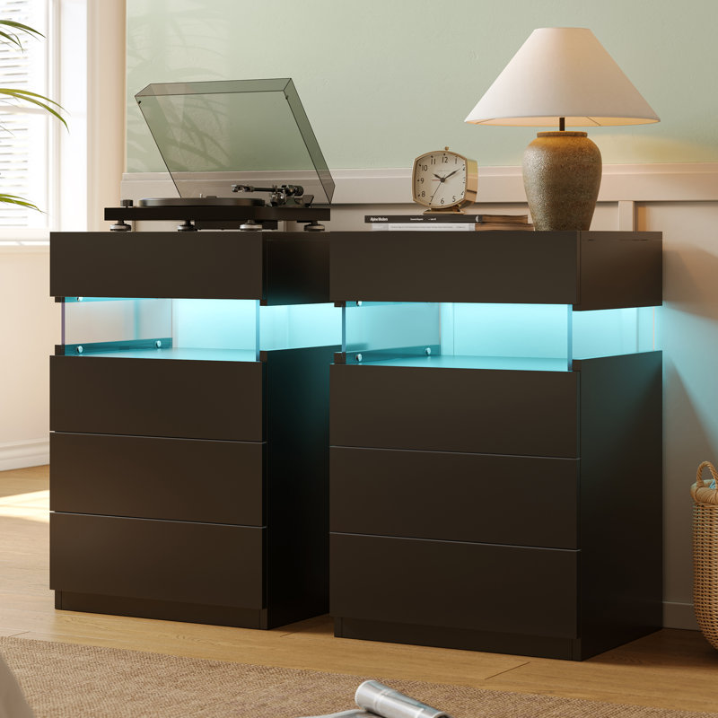 Led Nightstand With 4 Drawers - More Capacity Storage, Black