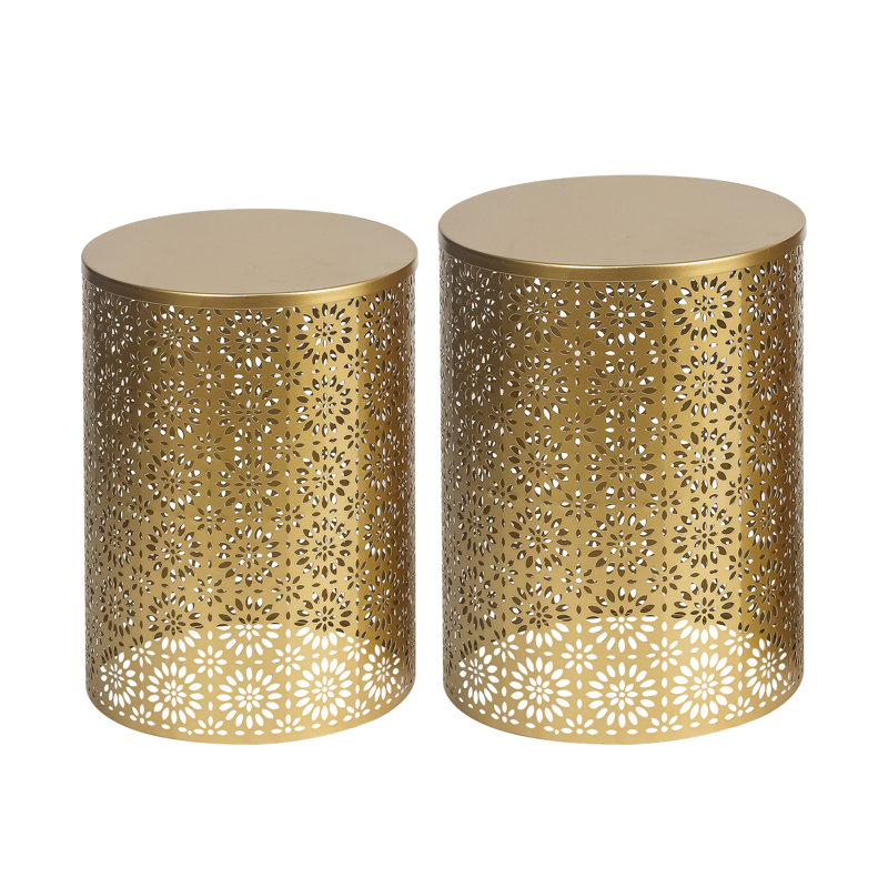 Set Of 2 Hollow-Carved Round Metal End Tables, Gold