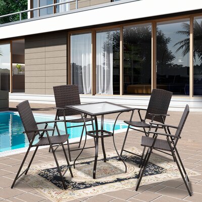 Outdoor Dining Table and Folding Chair, Metal Frame Patio Wicker Furniture Set with Glass Table Top -  Red Barrel StudioÂ®, 3D1B93BFE0E6438082406B270F7A931A