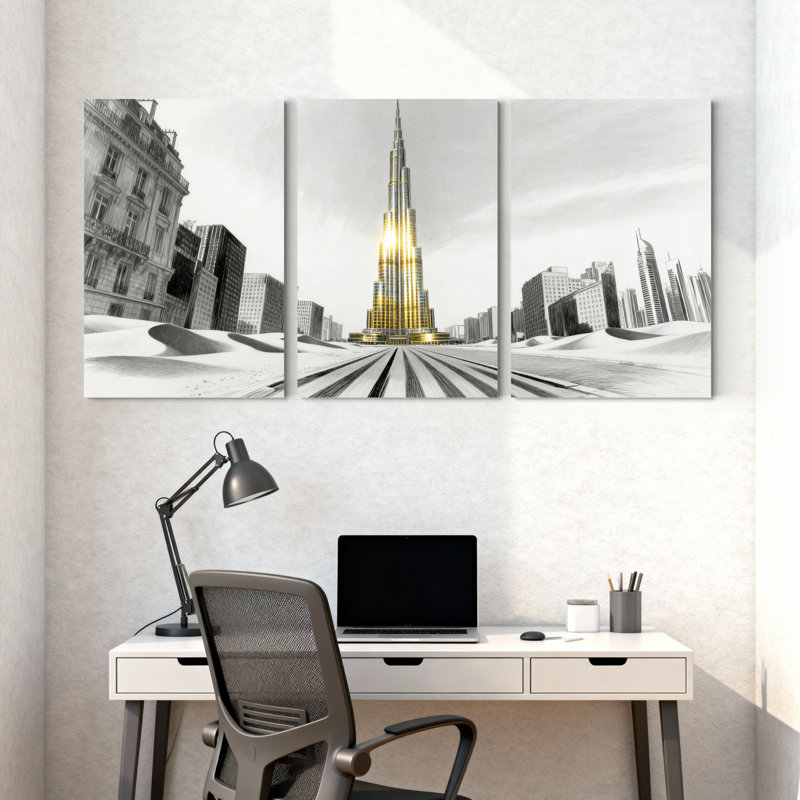 Ensemble de 3 impressions d'art sur toile, "Golden Tower In Cityscape", H 24 po x l 48 po