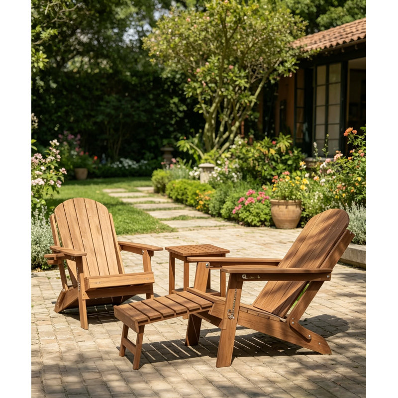 All Weather Outdoor Folding Adirondack Chairs With Ottoman And Adjustable Backrest & 1 Cup Holders, Brown
