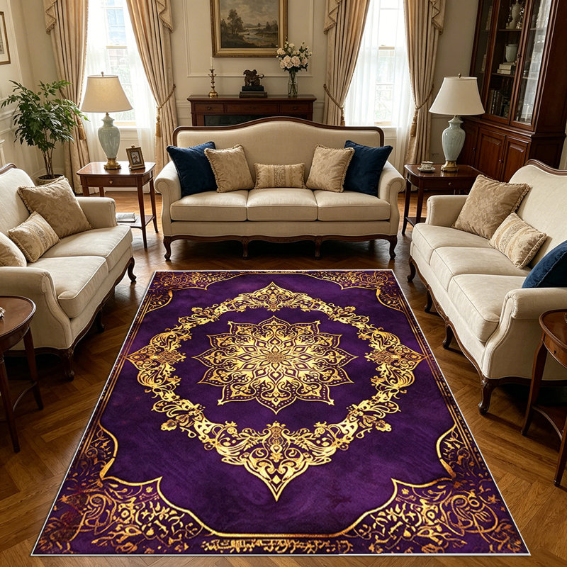 1PC Deep Purple Metallic Gold Vintage Boho Mandala Persian Floral area rugs for Living Room, Soft, All seasons, Easy-maintain, Washable Indoor mat, Farmhouse suitable for for dining table, entryway, bedroom...
