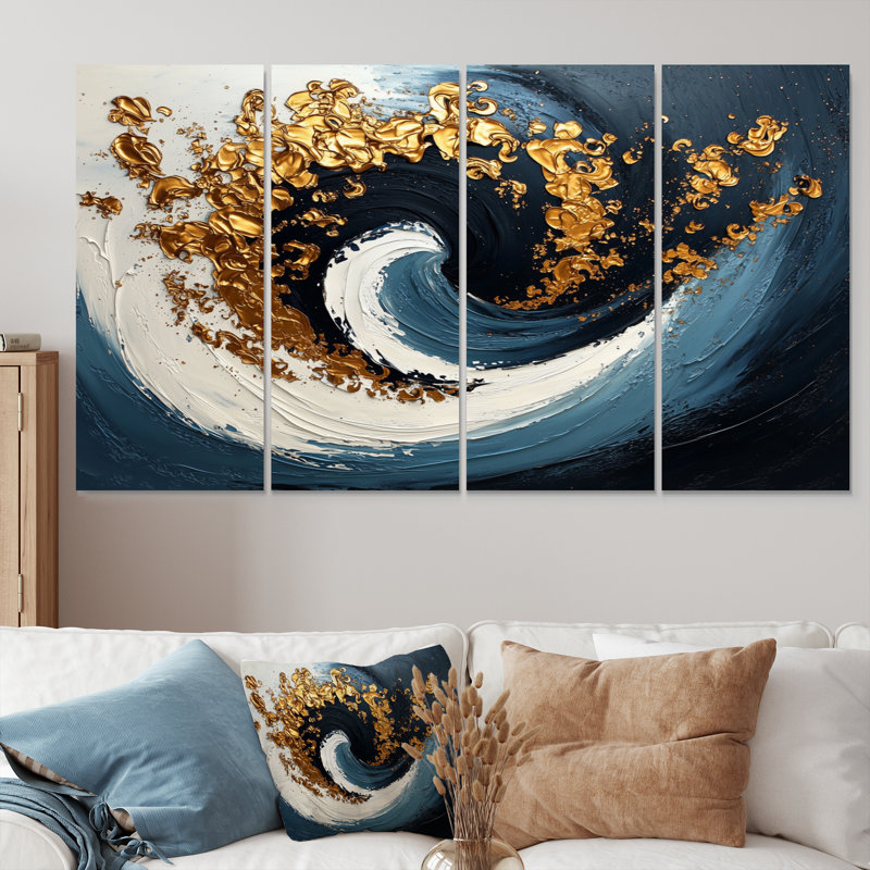 Bleu et or Spiraling Prosperity Spiral II - Abstract Spirals, art mural sur toile, H 32 po x l 64 po