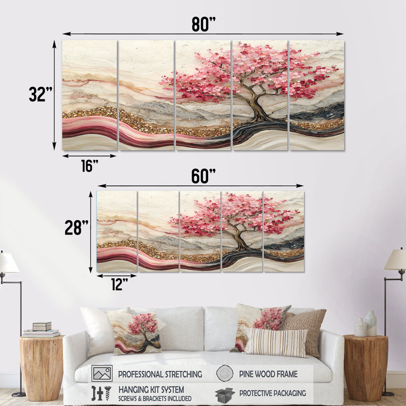 Fleurs de cerisier en écho de Sakura II - art mural cerisier en fleurs - ensemble d'art mural traditionnel, H 32 po x l 80 po