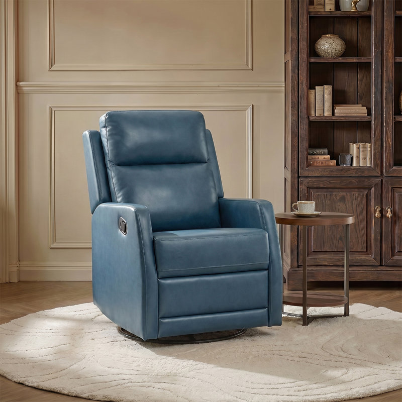 McGuffey Faux Leather Swivel Rocker Recliner with Metal Base, Navy Blue
