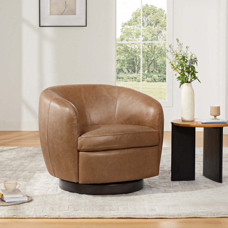Marcy Geniue Leather Swivel Barrel Chair, Marseille Brown Genuine Leather