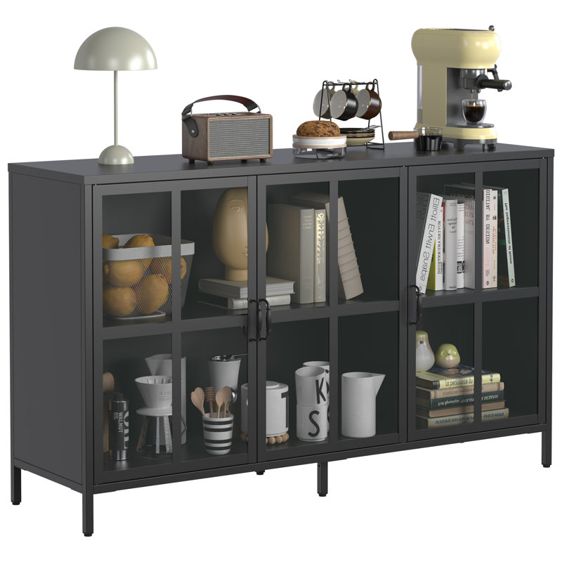 Metal Accent Cabinet with Three Tempered Glass Doors - Adjustable Feet, Multi-Room Use, Black