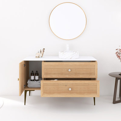 Meuble-lavabo de 48 po avec lavabo, armoire de rangement autoportante en contreplaqué avec 4 pieds en métal, une porte et 2 tiroirs, lavabo en céramique blanche avec motif de pierre, sans robinet, pré-assemblé, couleur grain de bois de chêne