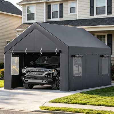 Tente d'abri d'auto portative robuste - garage imperméable toutes saisons 10 x 20 x 10 pi, 4 portes à fermeture à glissière enroulables, fenêtres en filet, structure en acier galvanisé, voiture, camion, VUS, bateau, gris