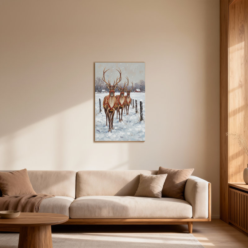 Animaux, trois cerfs dans un champ enneigé avec des décorations, H 30 po x l 20 po
