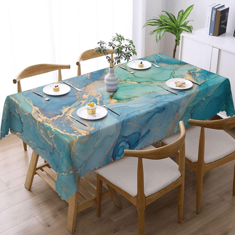 Teal Marble Rectangle Tablecloth Turquoise Blue Gold Table Cloth 54 X 72 Inch