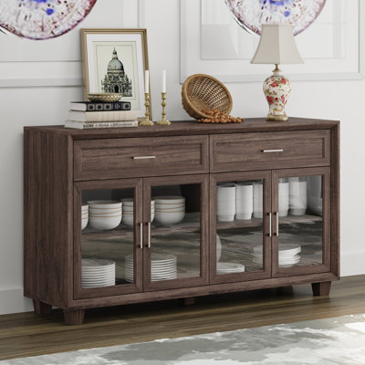 63" Wide Stylish 4-Glass Door China Cabinet With 2 Deep Drawers & Solid Wood Legs by Red Barrel Studio