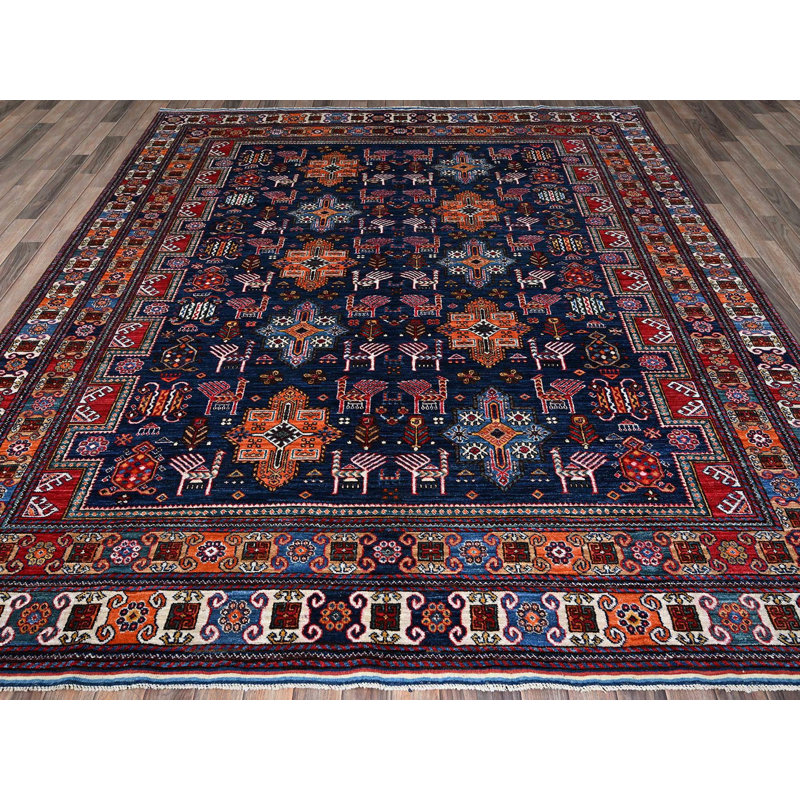 Tapis oriental bleu en laine noué à la main 8 pi 4 po x 9 pi 6 po - MOA102555