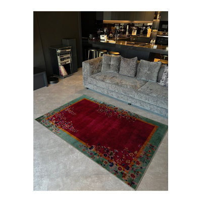Tapis décoratif rétro à motif floral rouge et rouge à motif lavable à la machine