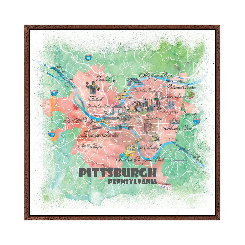 Pittsburgh Pennsylvania Illustrated Map by Markus & Martina Bleichner - Painting on Canvas, 93.98cm H x 93.98cm W x 3.81cm D