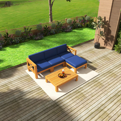 Ensemble de conversation modulaire 5 pièces pour patio en bois d'acacia, finition naturelle avec coussins résistants à l'eau, ensemble de conversation modulaire pour l'extérieur, bleu