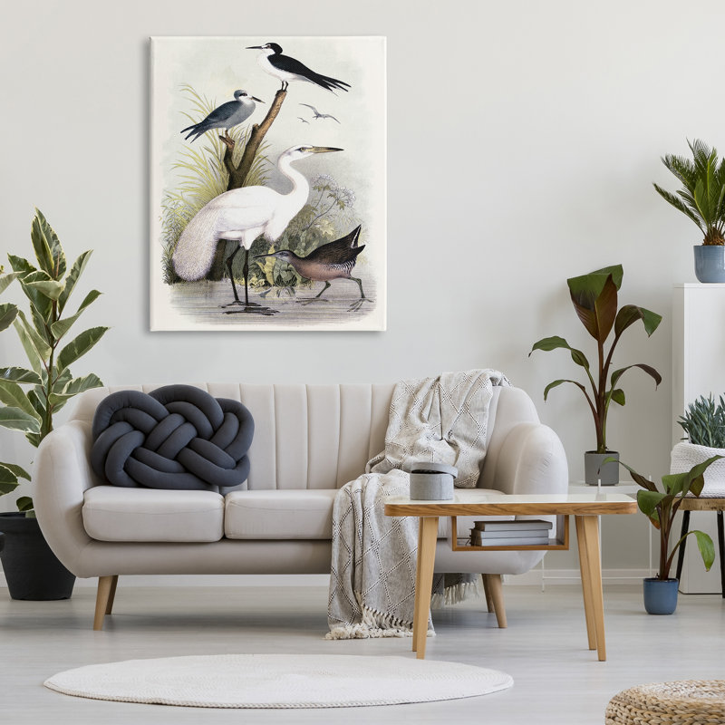 Oiseaux de grue variés rassemblés au bord de la rivière par Piddi - Peinture, H 48 po x l 36 po x P 1,5 po, Toile tendue